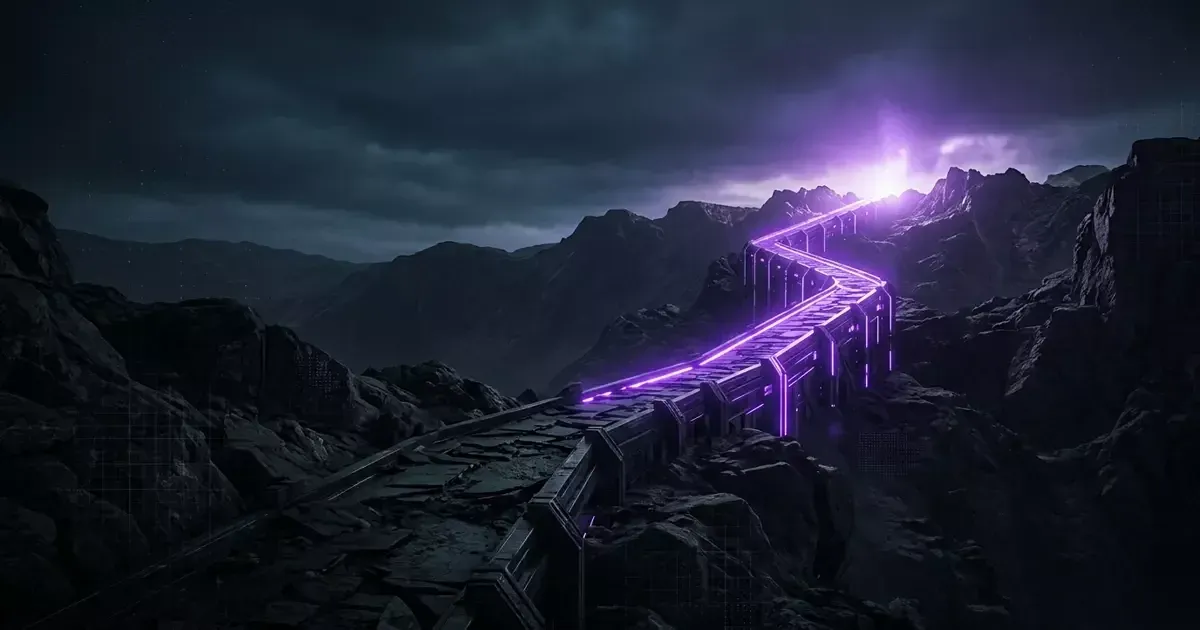 A glowing purple track winds along a rocky mountain ridge under a dark, stormy sky.