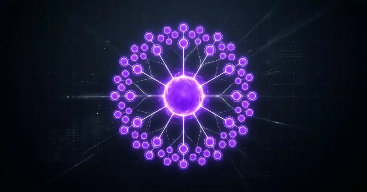 A glowing purple sphere at the center of a radial network of smaller purple nodes on a dark background.