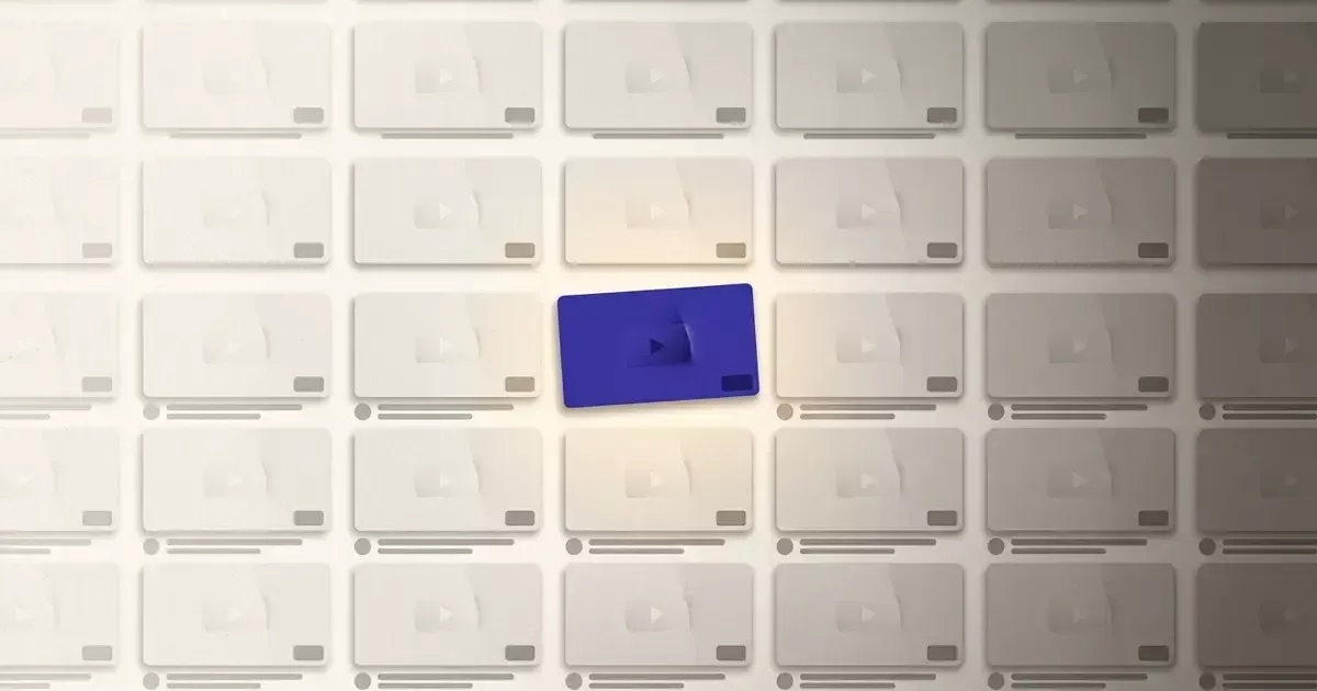 A grid of pale video thumbnails with play icons, one of them highlighted in deep blue in the middle.