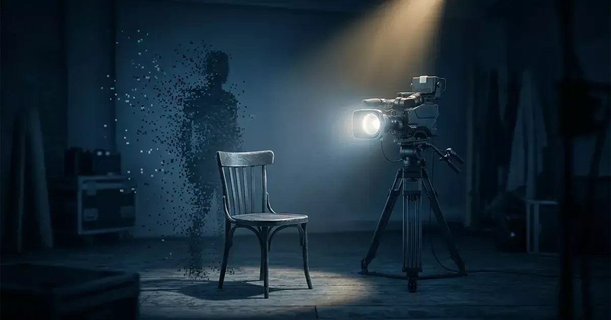An empty wooden chair in a dim studio, a dissolving silhouette beside it, and a film camera with a bright light.