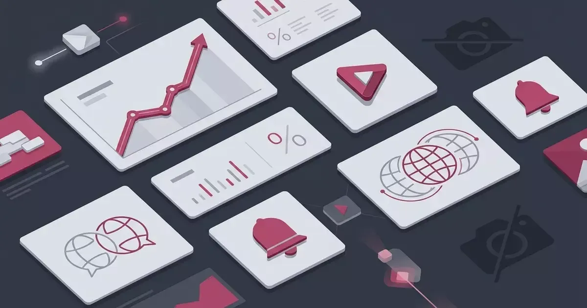 Isometric white cards show a rising line chart, a play triangle, a percent sign, a bell and a globe in red.