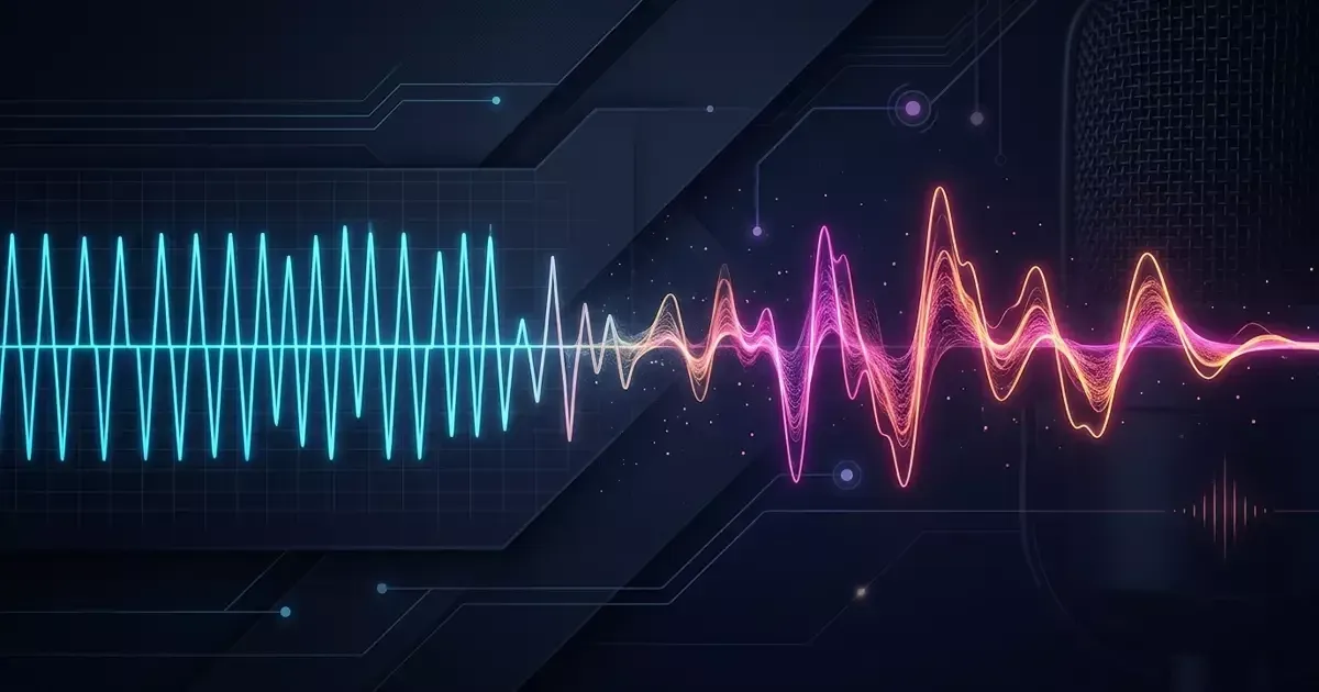A teal waveform on the left turns into a wavy pink and orange line on the right, on a dark background.