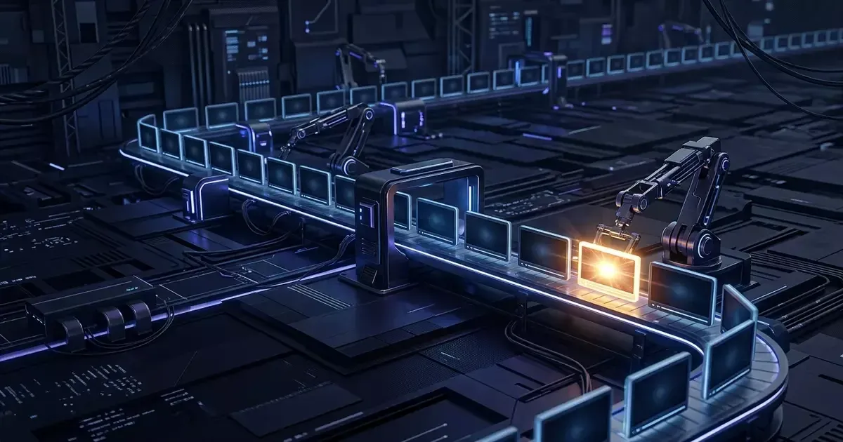A dark factory belt carries rows of glowing monitors past robotic arms, with one monitor lit gold.