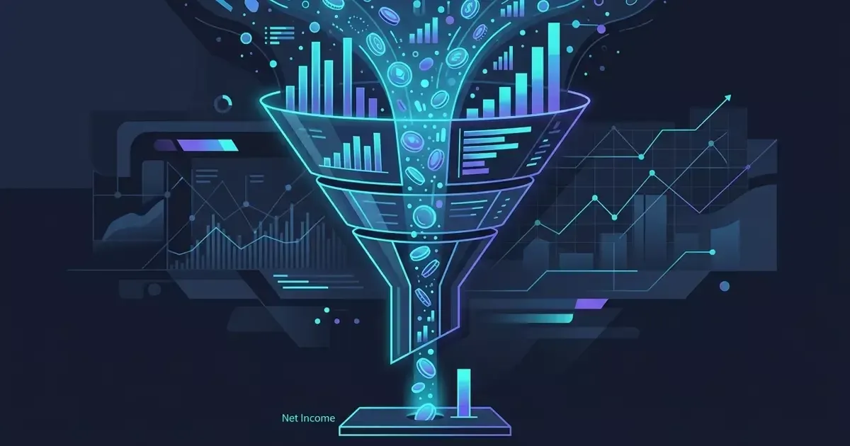 A glowing funnel pours bar charts and coins down into a base labeled Net Income, on a dark dashboard background.
