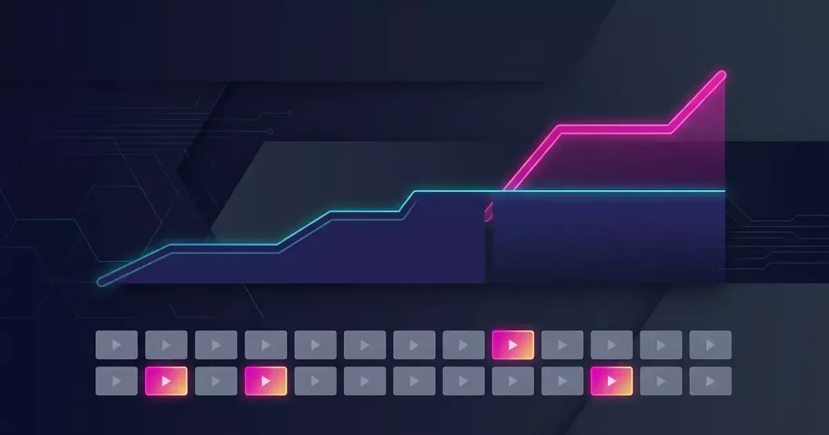 A pink line rises sharply above a teal line on a dark chart, with rows of play buttons below, a few highlighted.