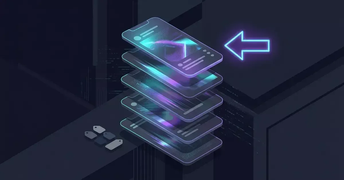 A stack of glowing translucent phone screens rises from a dark surface, with a neon arrow pointing left.