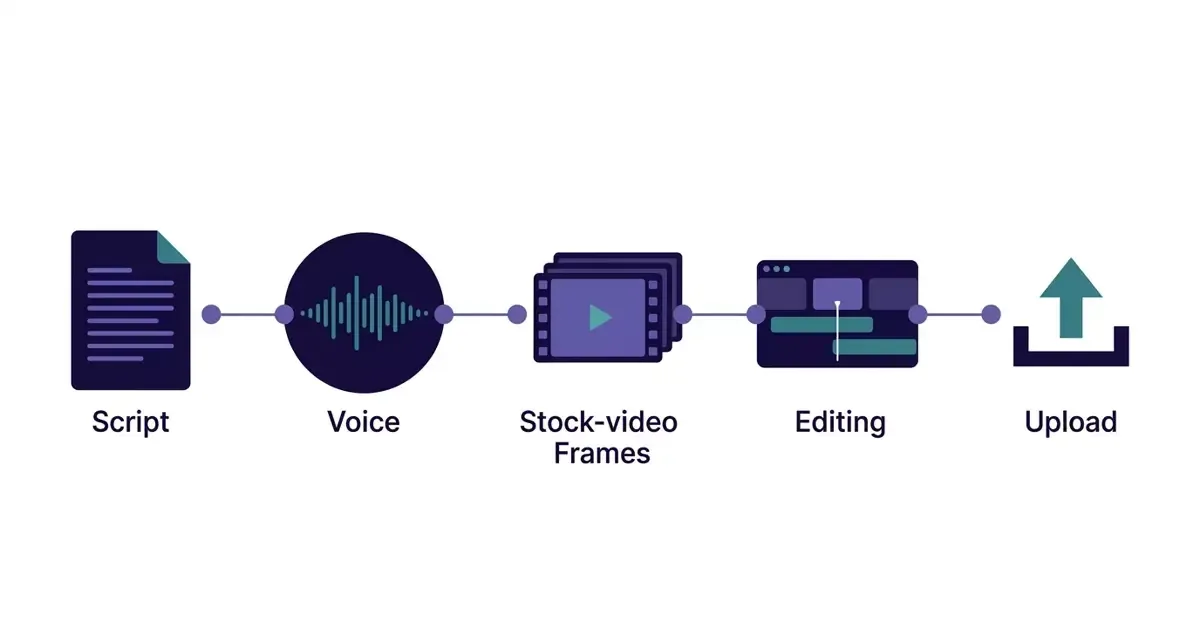 A white flow diagram with circles for Voice, Stock-video Frames and Editing, joined by a line to a script page on the left.
