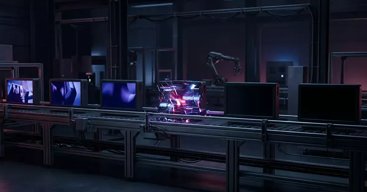 A dark studio with monitors on a long bench and a robotic arm working over a glowing glass block.