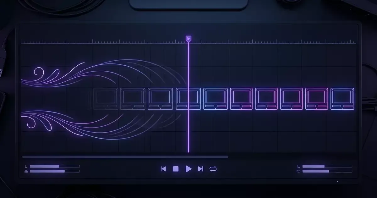 A dark timeline editor with a purple waveform on the left, a row of video clip boxes and a vertical playhead line.