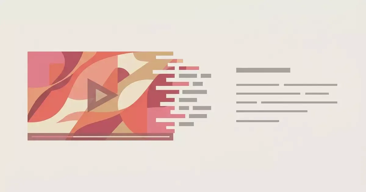 A flat illustration of a pink and orange abstract play shape on the left, with gray text lines on the right.