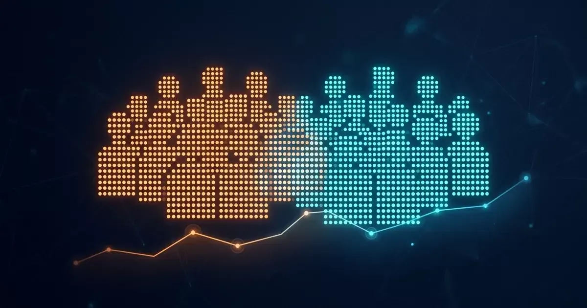 Two clusters of dotted figures, one orange and one teal, rise above a glowing line chart on a dark background.