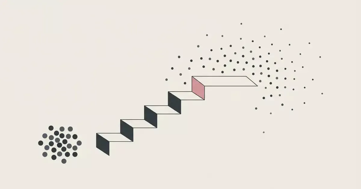 A cloud of dots rises over a staircase of gray steps that ends in one pink tile, on a pale background.