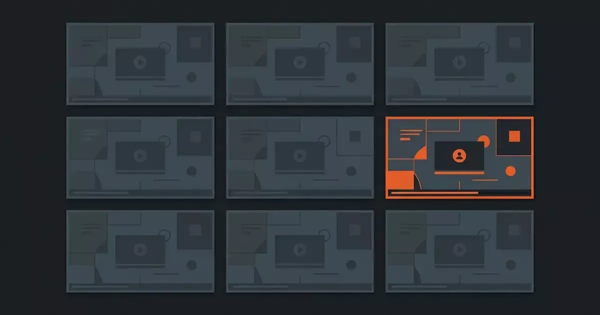 A grid of nine dark video thumbnails, with one outlined in orange and showing a small figure icon.