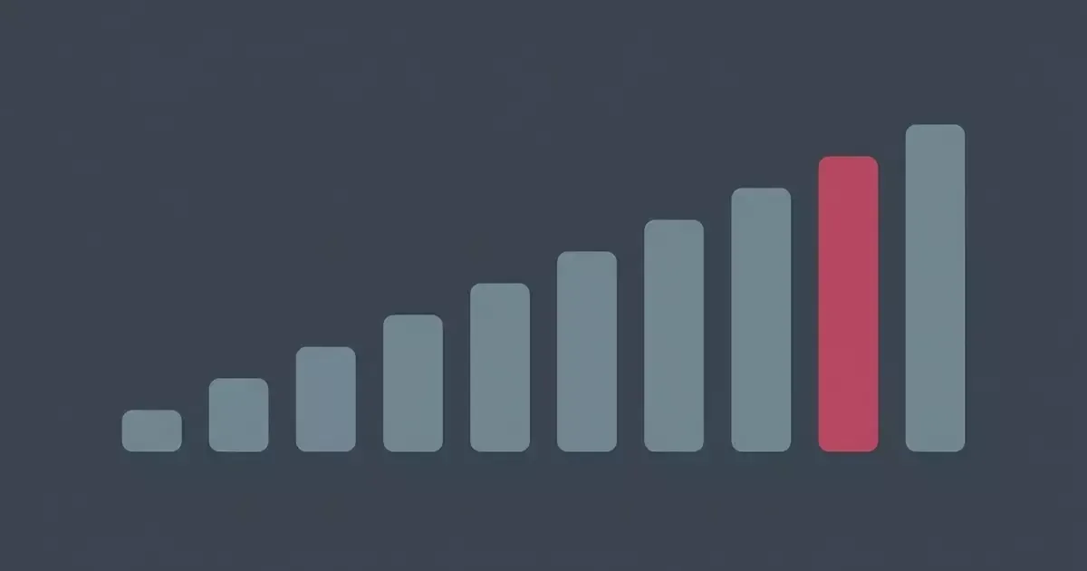 Gray bars rise from left to right, the eighth one highlighted in pinkish red, on a dark slate background.