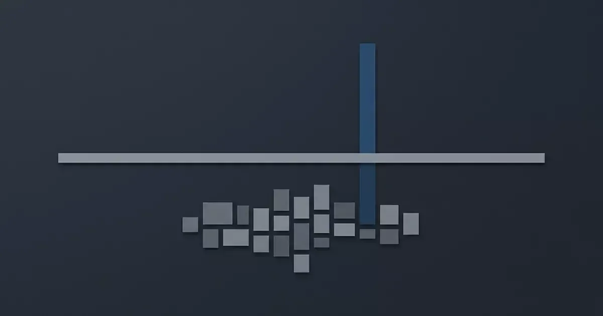A gray horizontal bar cut by a vertical blue bar, with a cluster of small gray blocks pooled beneath it.