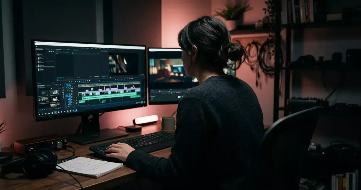 A woman seen from behind works at a desk with two monitors showing video timelines, under a warm lamp.