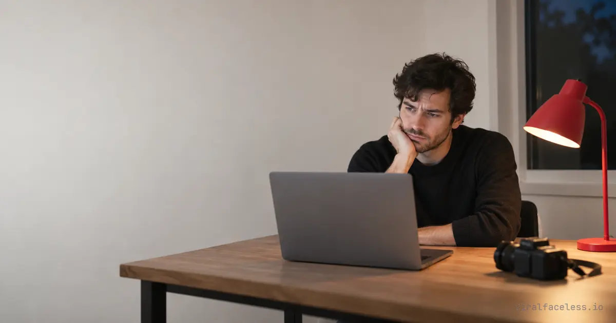 A man at a wooden desk in the evening rests his chin on his hand and frowns at an open laptop, with an unused camera and a red desk lamp beside him.