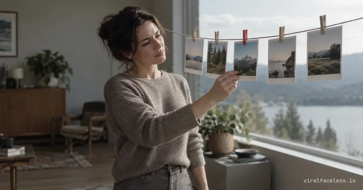 A woman by a window holds up a string of five landscape prints, head tilted and frowning, a red clothes-peg on the middle one.