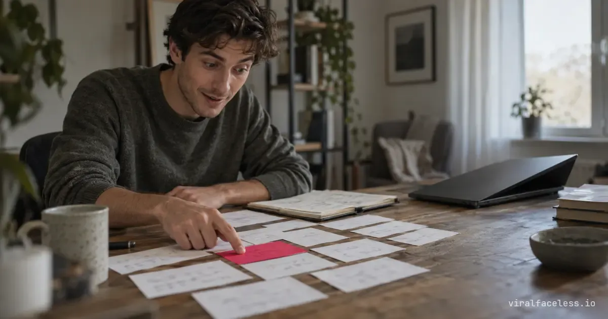 A young man at a desk covered with index cards presses a finger on the one pink card, eyes wide, half smiling as a pattern clicks.