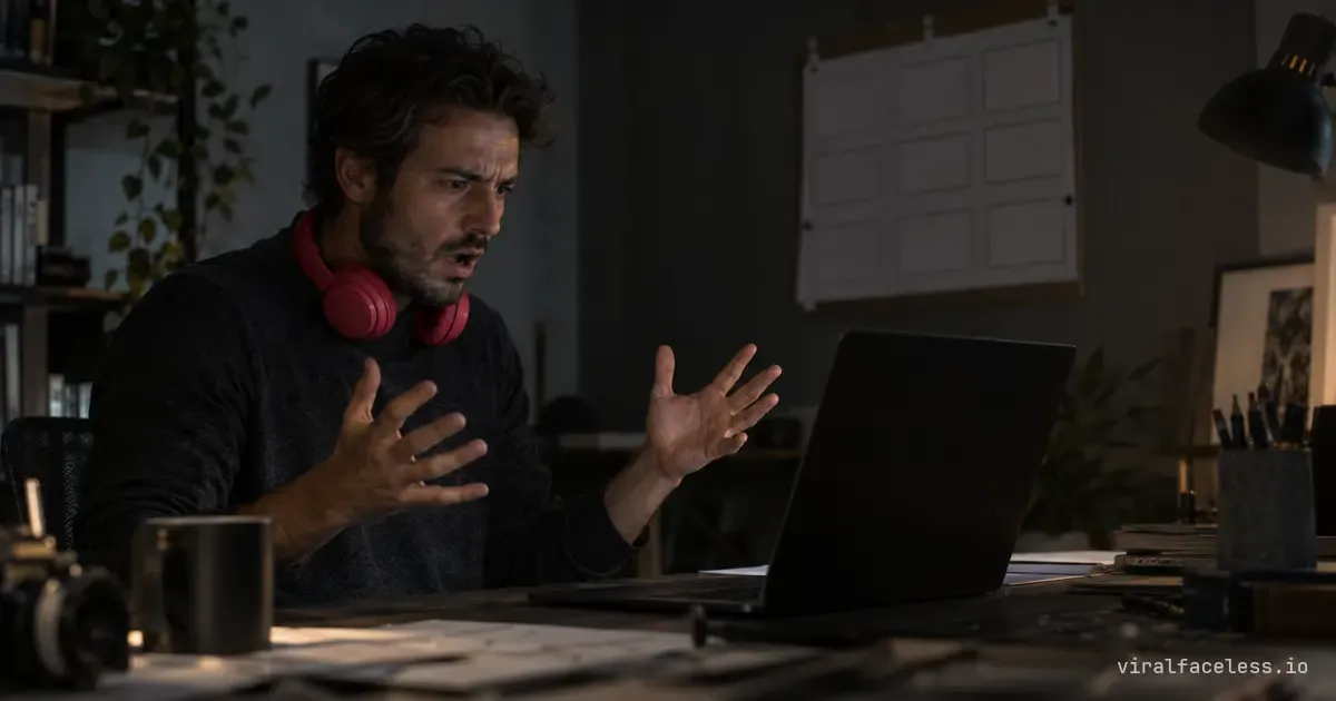 A man in a dark room throws both hands up at a laptop whose screen has gone black, stunned and angry, red headphones round his neck.